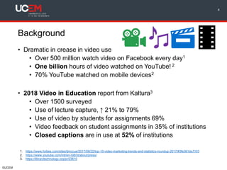 ©UCEM
Background
• Dramatic in crease in video use
• Over 500 million watch video on Facebook every day1
• One billion hours of video watched on YouTube! 2
• 70% YouTube watched on mobile devices2
• 2018 Video in Education report from Kaltura3
• Over 1500 surveyed
• Use of lecture capture, ↑ 21% to 79%
• Use of video by students for assignments 69%
• Video feedback on student assignments in 35% of institutions
• Closed captions are in use at 52% of institutions
4
1. https://www.forbes.com/sites/tjmccue/2017/09/22/top-10-video-marketing-trends-and-statistics-roundup-2017/#3fe361da7103
2. https://www.youtube.com/intl/en-GB/yt/about/press/
3. https://librarytechnology.org/pr/23610
 