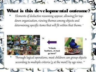 What is this developmental outcome?
 
     Elements of deductive reasoning appear, allowing for top-
     down organization, viewing themes among objects and
     determining specific items that will fit within that theme. 12


                             14                                       5



                                      “A beak,
                                  feathers...it must
                                      go here!”
 
     Through logical operations, most children can group objects
     according to multiple criteria (3 at the most) by age nine. 10
 