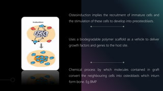 Osteoinduction implies the recruitment of immature cells and
the stimulation of these cells to develop into preosteoblasts.
Uses a biodegradable polymer scaffold as a vehicle to deliver
growth factors and genes to the host site.
Chemical process by which molecules contained in graft
convert the neighbouring cells into osteoblasts which inturn
form bone. Eg BMP
 
