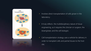 • Involves direct transplantation of cells grown in the
laboratory.
• It truly reflects the multidisciplinary nature of tissue
engineering, as it requires the clinician or surgeon, the
bioengineer, and the cell biologist.
• Cell transplantation strategy uses a vehicle for delivery in
order to transplant cells and partial tissues to the host
site.
 