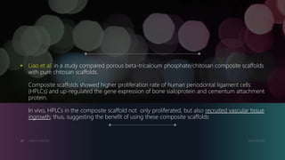 • Liao et al. in a study compared porous beta-tricalcium phosphate/chitosan composite scaffolds
with pure chitosan scaffolds.
Composite scaffolds showed higher proliferation rate of human periodontal ligament cells
(HPLCs) and up-regulated the gene expression of bone sialoprotein and cementum attachment
protein.
In vivo, HPLCs in the composite scaffold not only proliferated, but also recruited vascular tissue
ingrowth; thus, suggesting the benefit of using these composite scaffolds
MM.DD.20XXADD A FOOTER22
 