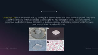Jin et al (2004) in an experimental study on dogs has demonstratred that basic fibroblast growth factor with
a controlled release system developed according to the new concept of "in situ tissue engineering."
containing sandwich membrane composed of a collagen sponge scaffold and gelatin microspheres was
able to regenerate periodontal tissues.
MM.DD.20XXADD A FOOTER23
 