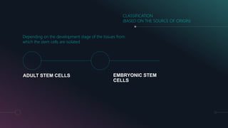ADULT STEM CELLS EMBRYONIC STEM
CELLS
CLASSIFICATION
(BASED ON THE SOURCE OF ORIGIN)
Depending on the development stage of the tissues from
which the stem cells are isolated
 
