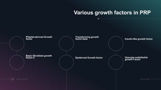 Various growth factors in PRP
Platelet-derived Growth
factor
Transforming growth
factor-beta Insulin-like growth factor
Basic fibroblast growth
factor-2 Epidermal Growth factor Vascular endothelial
growth Factor
64 ADD A FOOTER MM.DD.20XX
 