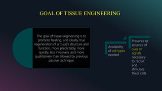 GOAL OF TISSUE ENGINEERING
Availability
of cell types
needed
Presence or
absence of
cues or
signals
necessary
to recruit
and
stimulate
these cells
The goal of tissue engineering is to
promote healing, and ideally, true
regeneration of a tissue's structure and
function, more predictably, more
quickly, less invasively, and more
qualitatively than allowed by previous
passive technique.
 