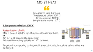 “
MOIST HEAT
Categorized into 3 groups:
Temperature below 100⁰ C
Temperature at 100⁰ C
Temperature above 100⁰ C
1.Temperature below 100⁰ C
Pasteurisation of milk
Milk is heated at 63⁰C for 30 minutes (holder method) ;
or
72⁰ C, 15-20 seconds(flash method)
followed by cooling quickly to 13⁰C or lower.
Target: All non-sporing pathogens like mycobacteria, brucellae, salmonellae are
destroyed.
16
 