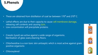 5.Phenols
• These are obtained from distillation of coal tar between 170⁰ and 270⁰ C.
• Lethal effects are due to their capacity to cause cell membrane damage,
releasing cell contents and causing lysis.
• Low concentration will precipitate proteins.
• Cresols (Lysol) are active against a wide range of organisms.
Sterilization of glass ware,cleaning floors.
• Chlorhexidine is a non toxic skin antiseptic which is most active against gram
positive organisms
• Chloroxylenol
 