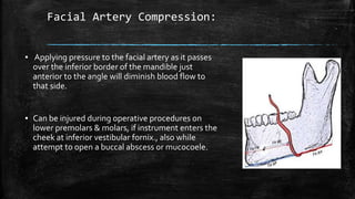 Facial Artery Compression:
▪ Applying pressure to the facial artery as it passes
over the inferior border of the mandible just
anterior to the angle will diminish blood flow to
that side.
▪ Can be injured during operative procedures on
lower premolars & molars, if instrument enters the
cheek at inferior vestibular fornix., also while
attempt to open a buccal abscess or mucocoele.
 