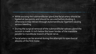▪ While excising the submandibular gland,the facial artery should be
ligated at two points and should be secured before dividing it,
otherwise it may retract through stylomandibular ligament causing
serious bleeding.
▪ During the surgical removal of the submandibular salivary gland the
incision is made ½ inch below the lower border of the mandible
parallel to mandibular branch of facial nerve.
▪ Facial artery can be severed during the attempts to open buccal
abscess of the first molar.
 