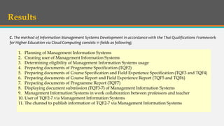 C. The method of Information Management Systems Development in accordance with the Thai Qualifications Framework
for Higher Education via Cloud Computing consists 11 fields as following;
Results
1. Planning of Management Information Systems
2. Creating user of Management Information Systems
3. Determining eligibility of Management Information Systems usage
4. Preparing documents of Programme Specification (TQF2)
5. Preparing documents of Course Specification and Field Experience Specification (TQF3 and TQF4)
6. Preparing documents of Course Report and Field Experience Report (TQF5 and TQF6)
7. Preparing documents of Programme Report (TQF7)
8. Displaying document submission (TQF3-7) of Management Information Systems
9. Management Information Systems in work collaboration between professors and teacher
10. User of TQF2-7 via Management Information Systems
11. The channel to publish information of TQF2-7 via Management Information Systems
 
