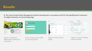 C. The result of Information Management Systems Development in accordance with the Thai Qualifications Framework
for Higher Education via Cloud Computing;
Results
Figure 1: Information
Management Systems has
main screen
Figure 2: log-in screen (TQF
as a Service System)
Figure 4: screen of creating
activity calendar
Figure 3: screen of user’s
profile
 