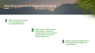 Ideal Requirements of Diagnostic Imaging
Ability to visualize the implant
site in mesiolingual and
buccolingual dimensions.
1
Ability to allow reliable, accurate
measurements ; a capacity to
evaluate trabecular bone density &
cortical thickness; less cost &
minimal radiation risk.
2
Ability to visualize the implant site in
the mesiodistal, buccolingual and
superioinferiorly.
3
 
