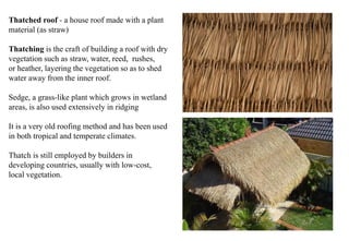 Thatched roof - a house roof made with a plant
material (as straw)
Thatching is the craft of building a roof with dry
vege...