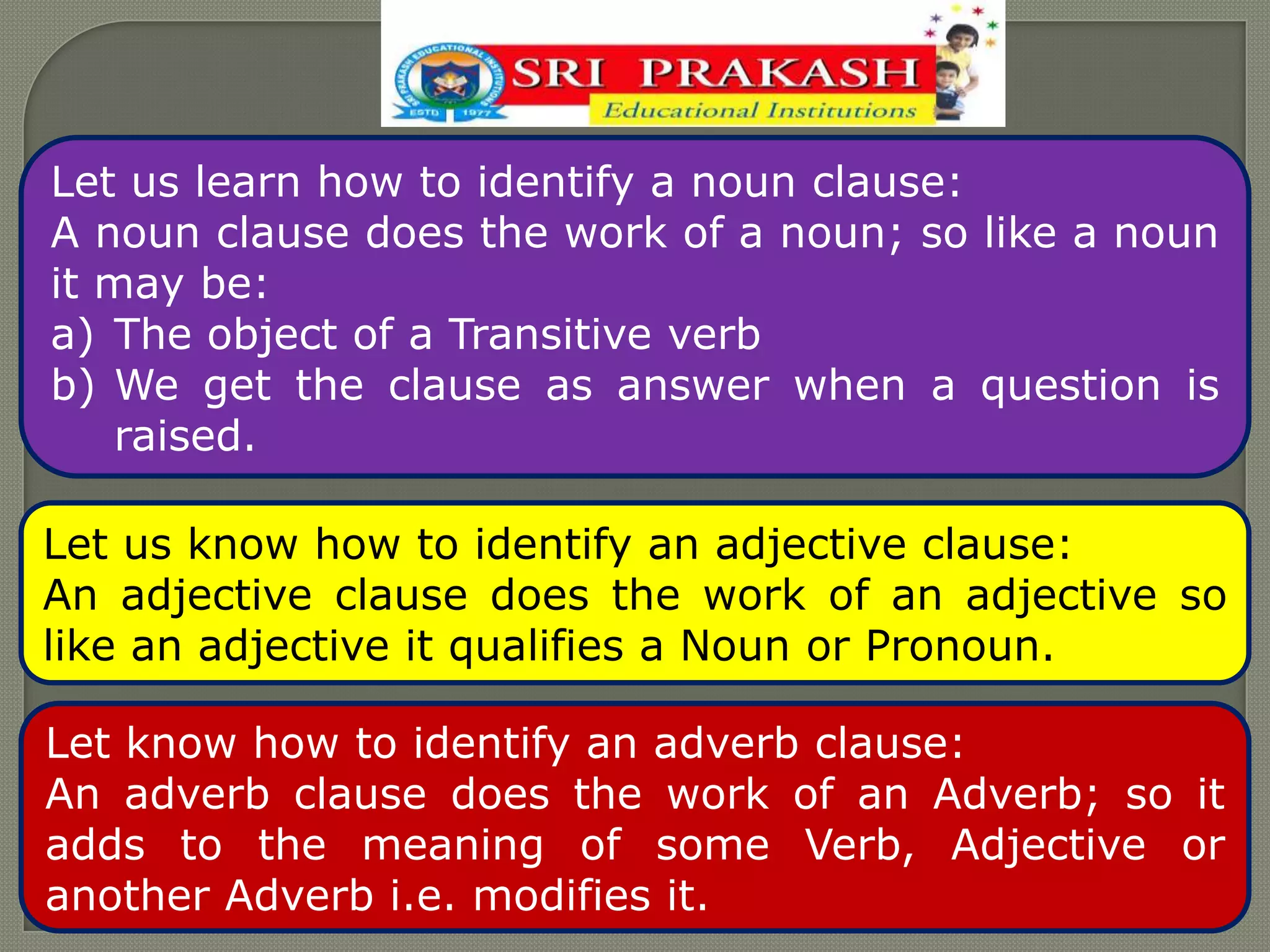 Let us learn how to identify a noun clause:
A noun clause does the work of a noun; so like a noun
it may be:
a) The object of a Transitive verb
b) We get the clause as answer when a question is
raised.
Let us know how to identify an adjective clause:
An adjective clause does the work of an adjective so
like an adjective it qualifies a Noun or Pronoun.
Let know how to identify an adverb clause:
An adverb clause does the work of an Adverb; so it
adds to the meaning of some Verb, Adjective or
another Adverb i.e. modifies it.
 