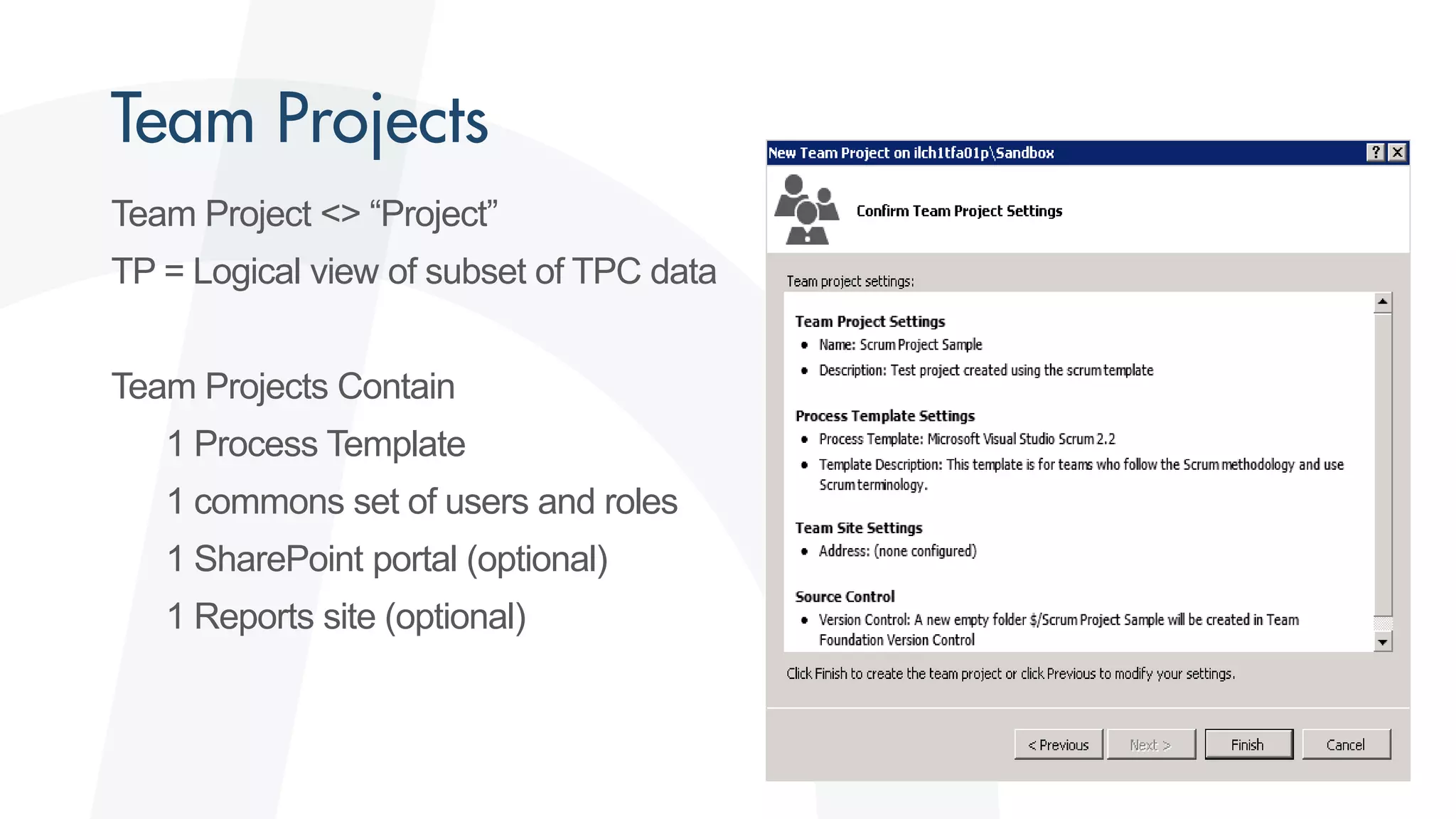 Team Project <> “Project”
TP = Logical view of subset of TPC data
Team Projects Contain
1 Process Template
1 commons set of users and roles
1 SharePoint portal (optional)
1 Reports site (optional)
 