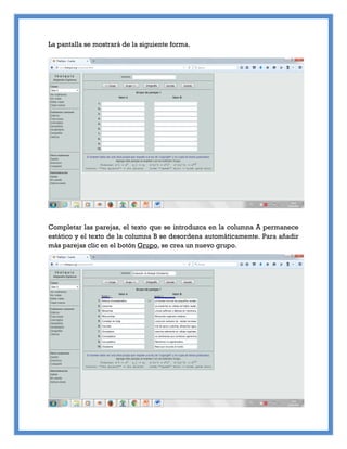 La pantalla se mostrará de la siguiente forma.
Completar las parejas, el texto que se introduzca en la columna A permanece
estático y el texto de la columna B se desordena automáticamente. Para añadir
más parejas clic en el botón Grupo, se crea un nuevo grupo.
 
