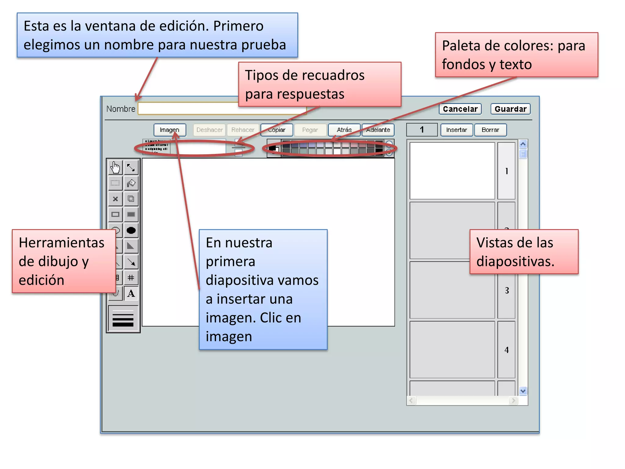 Esta es la ventana de edición. Primero
elegimos un nombre para nuestra prueba               Paleta de colores: para
                                                     fondos y texto
                                Tipos de recuadros
                                para respuestas




Herramientas              En nuestra                      Vistas de las
de dibujo y               primera                         diapositivas.
edición                   diapositiva vamos
                          a insertar una
                          imagen. Clic en
                          imagen
 