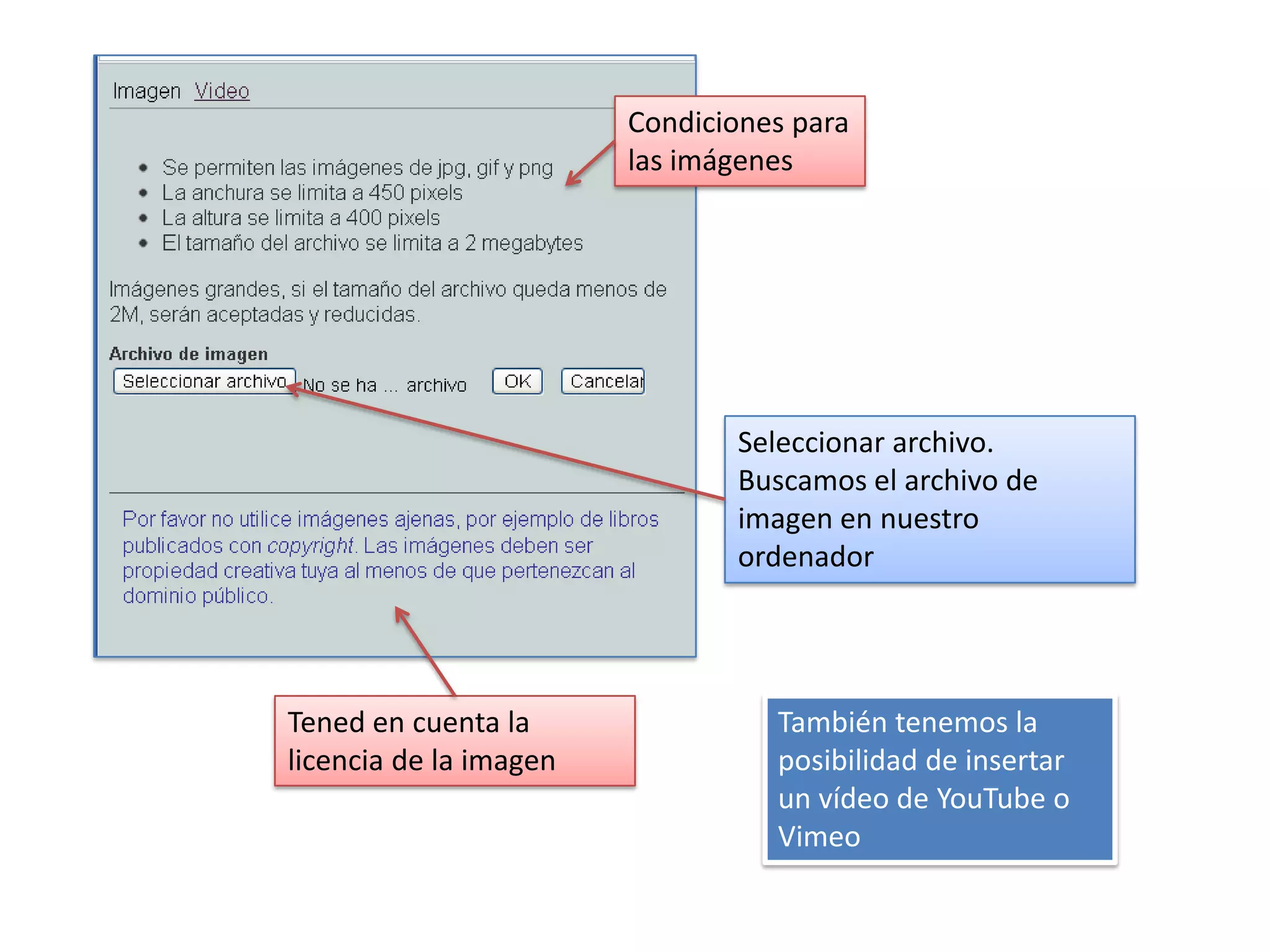 Condiciones para
                        las imágenes




                               Seleccionar archivo.
                               Buscamos el archivo de
                               imagen en nuestro
                               ordenador




Tened en cuenta la                También tenemos la
licencia de la imagen             posibilidad de insertar
                                  un vídeo de YouTube o
                                  Vimeo
 