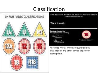 Classification




       All ‘video works’ which are supplied on a
       disc, tape or any other device capable of
       storing data.
 
