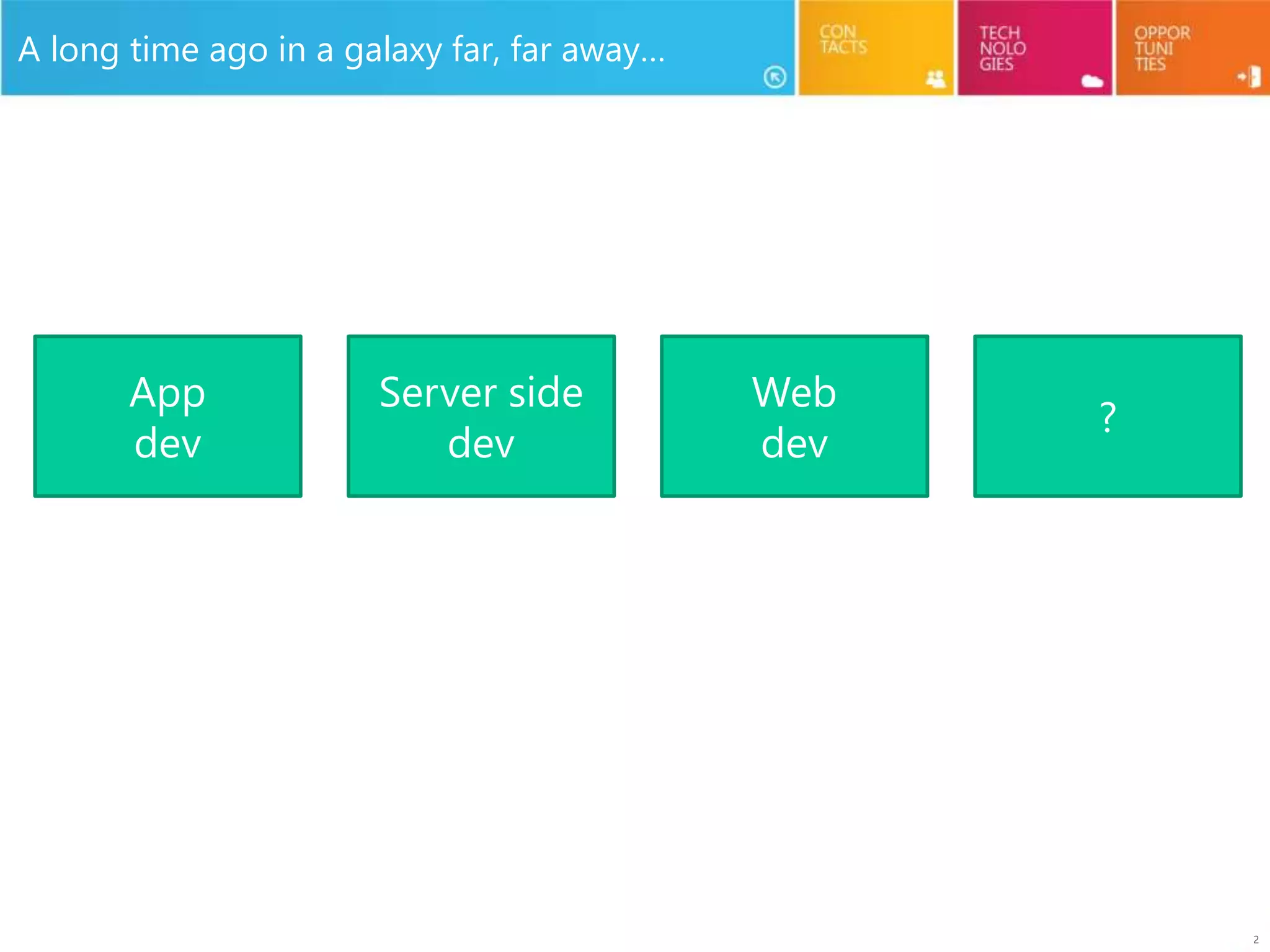 2
A long time ago in a galaxy far, far away…
App
dev
Server side
dev
Web
dev
?
 