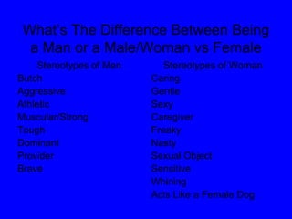 What’s The Difference Between Being a Man or a Male/Woman vs Female Stereotypes of Men Butch Aggressive Athletic Muscular/Strong Tough Dominant Provider Brave Stereotypes of Woman Caring Gentle Sexy Caregiver Freaky Nasty Sexual Object Sensitive Whining Acts Like a Female Dog 