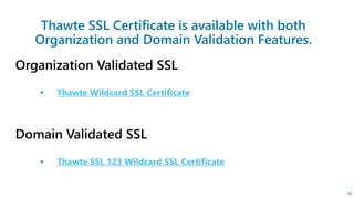 Organization Validated SSL
• Thawte Wildcard SSL Certificate
Domain Validated SSL
• Thawte SSL 123 Wildcard SSL Certificate
14
 