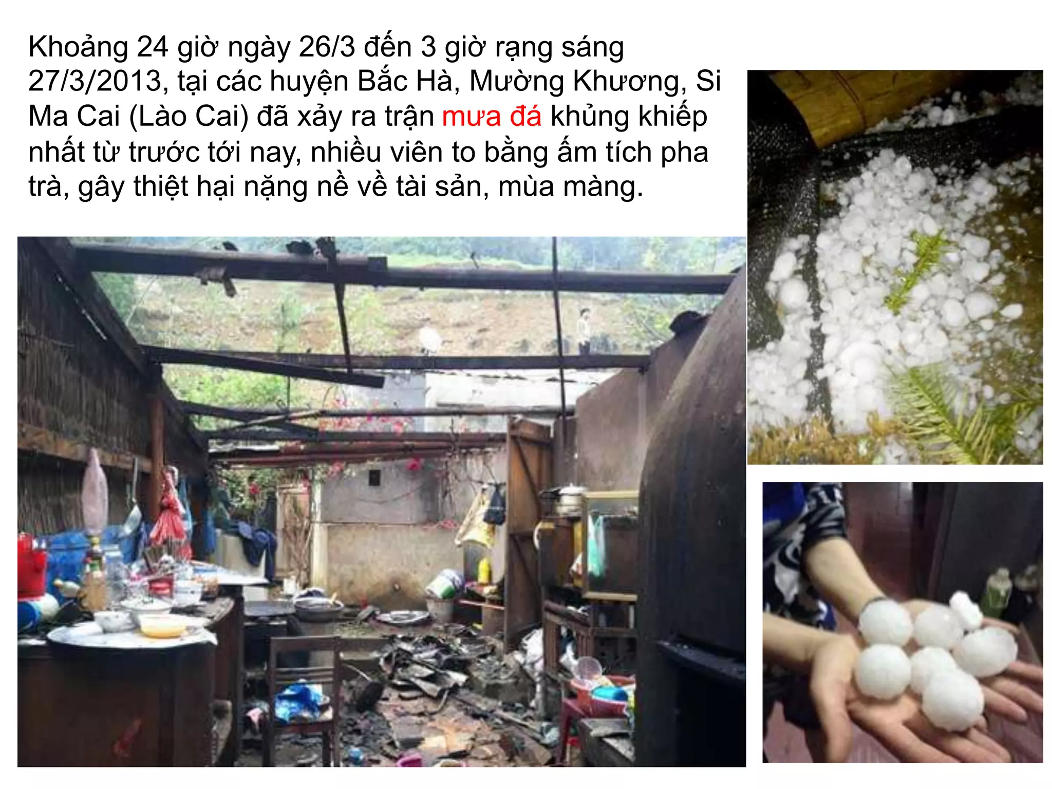 Khoảng 24 giờ ngày 26/3 đến 3 giờ rạng sáng
27/3/2013, tại các huyện Bắc Hà, Mường Khương, Si
Ma Cai (Lào Cai) đã xảy ra trận mưa đá khủng khiếp
nhất từ trước tới nay, nhiều viên to bằng ấm tích pha
trà, gây thiệt hại nặng nề về tài sản, mùa màng.

15

 