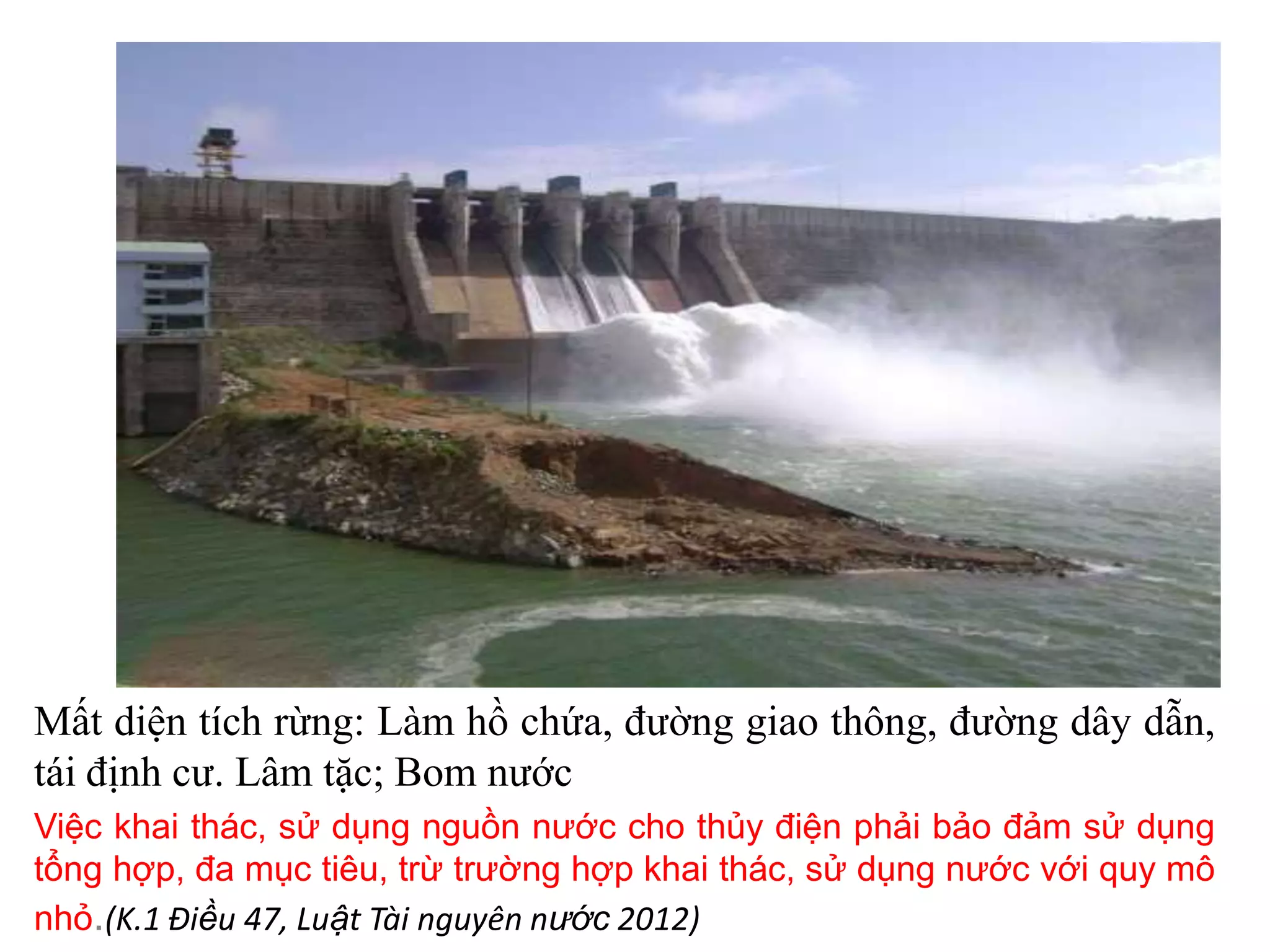 Mất diện tích rừng: Làm hồ chứa, đường giao thông, đường dây dẫn,
tái định cư. Lâm tặc; Bom nước
Việc khai thác, sử dụng nguồn nước cho thủy điện phải bảo đảm sử dụng
tổng hợp, đa mục tiêu, trừ trường hợp khai thác, sử dụng nước với quy mô
nhỏ.(K.1 Điều 47, Luật Tài nguyên nước 2012)

 