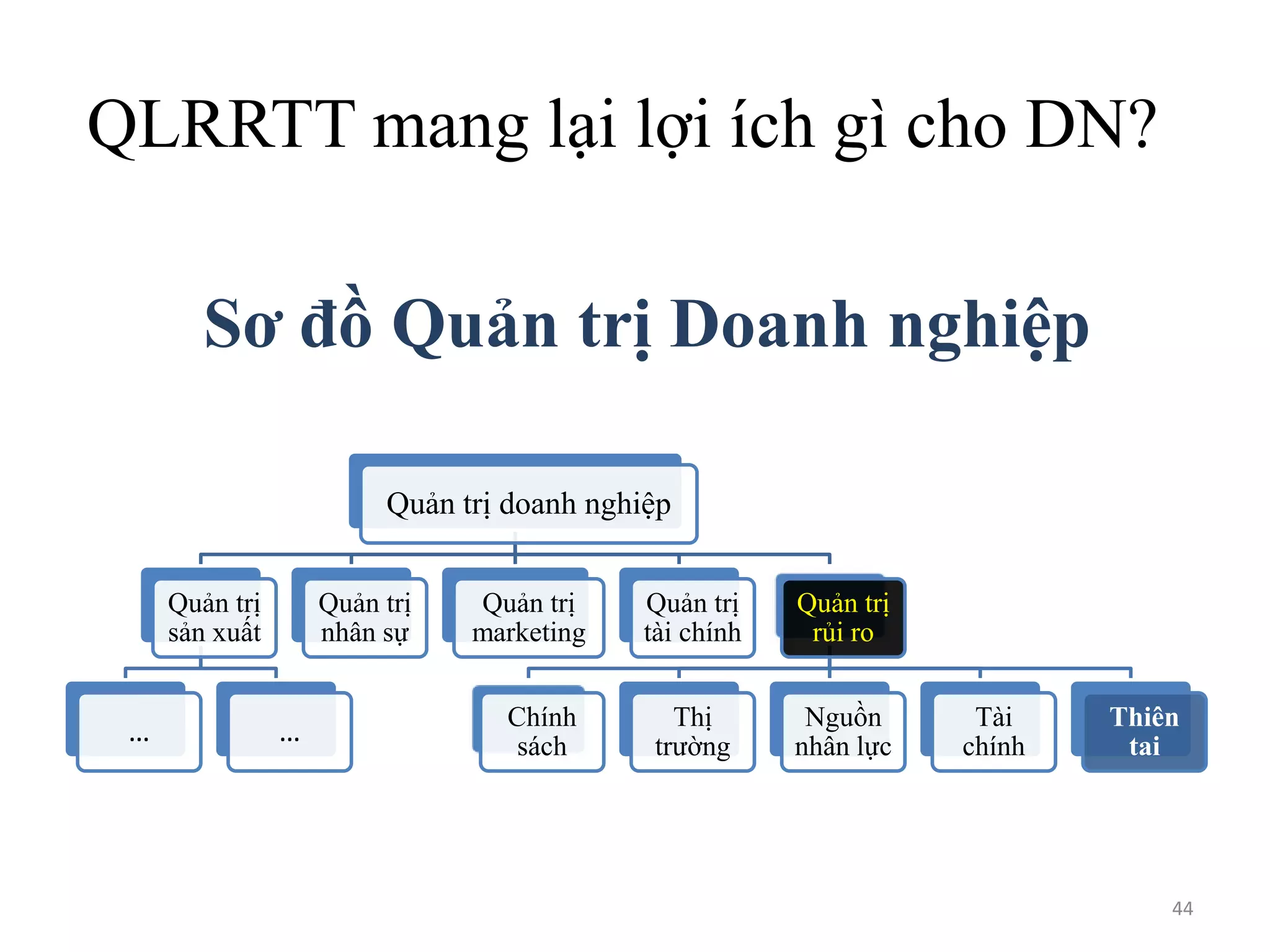 QLRRTT mang lại lợi ích gì cho DN?
Sơ đồ Quản trị Doanh nghiệp
Quản trị doanh nghiệp
Quản trị
sản xuất

…

Quản trị
nhân sự

…

Quản trị
marketing
Chính
sách

Quản trị
tài chính

Quản trị
rủi ro

Thị
trường

Nguồn
nhân lực

Tài
chính

Thiên
tai

44

 