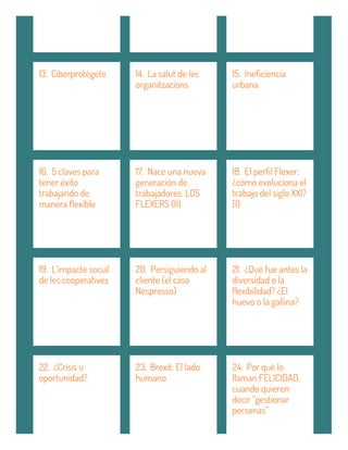 13. Ciberprotégete 14. La salut de les
organitzacions
15. Ineficiencia
urbana
16. 5 claves para
tener éxito
trabajando de
manera flexible
17. Nace una nueva
generación de
trabajadores: LOS
FLEXERS (II)
18. El perfil Flexer:
¿cómo evoluciona el
trabajo del siglo XXI?
(I)
19. L’impacte social
de les cooperatives
20. Persiguiendo al
cliente (el caso
Nespresso)
21. ¿Qué fue antes la
diversidad o la
flexibilidad? ¿El
huevo o la gallina?
22. ¿Crisis u
oportunidad?
23. Brexit: El lado
humano
24. Por qué lo
llaman FELICIDAD,
cuando quieren
decir “gestionar
personas”
 