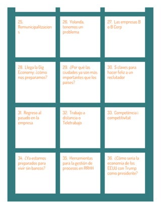 25.
Remunicipalitzacion
s
26. Yolanda,
tenemos un
problema
27. Las empresas B
o B Corp
28. Llega la Gig
Economy: ¿cómo
nos preparamos?
29. ¿Por qué las
ciudades ya son más
importantes que los
países?
30. 5 claves para
hacer feliz a un
reclutador
31. Regreso al
pasado en la
empresa
32. Trabajo a
distancia o
Teletrabajo
33. Competència i
competitivitat
34. ¿Ya estamos
preparados para
vivir sin bancos?
35. Herramientas
para la gestión de
procesos en RRHH
36. ¿Cómo sería la
economía de los
EEUU con Trump
como presidente?
 
