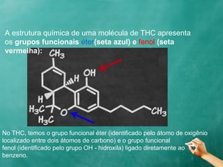 A estrutura química de uma molécula de THC apresenta
os grupos funcionais éter(seta azul) e fenol (seta
vermelha):
No THC, temos o grupo funcional éter (identificado pelo átomo de oxigênio
localizado entre dois átomos de carbono) e o grupo funcional
fenol (identificado pelo grupo OH - hidroxila) ligado diretamente ao
benzeno.
 