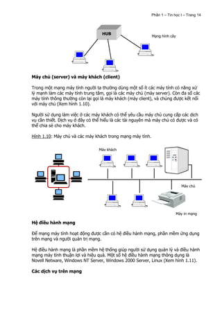 Phần 1 – Tin học I – Trang 14




                                  HUB
                                                           Mạng hình cây




Máy chủ (server) và máy khách (client)

Trong một mạng máy tính người ta thường dùng một số ít các máy tính có năng xử
lý mạnh làm các máy tính trung tâm, gọi là các máy chủ (máy server). Còn đa số các
máy tính thông thường còn lại gọi là máy khách (máy client), và chúng được kết nối
với máy chủ (Xem hình 1.10).

Người sử dụng làm việc ở các máy khách có thể yêu cầu máy chủ cung cấp các dịch
vụ cần thiết. Dịch vụ ở đây có thể hiểu là các tài nguyên mà máy chủ có được và có
thể chia sẻ cho máy khách.

Hình 1.10: Máy chủ và các máy khách trong mạng máy tính.

                                 Máy khách




                                                                             Máy chủ




                                                                           Máy in mạng

Hệ điều hành mạng

Để mạng máy tính hoạt động được cần có hệ điều hành mạng, phần mềm ứng dụng
trên mạng và người quản trị mạng.

Hệ điều hành mạng là phần mềm hệ thống giúp người sử dụng quản lý và điều hành
mạng máy tính thuận lợi và hiệu quả. Một số hệ điều hành mạng thông dụng là
Novell Netware, Windows NT Server, Windows 2000 Server, Linux (Xem hình 1.11).

Các dịch vụ trên mạng
 