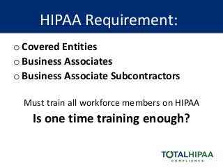HIPAA Requirement:
o Covered Entities
o Business Associates
o Business Associate Subcontractors
Must train all workforce members on HIPAA
Is one time training enough?
 