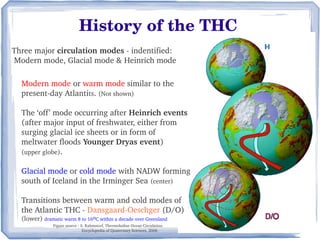 History of the THC 
Three major circulation modes ­ indentified: 
 Modern mode, Glacial mode & Heinrich mode

  Modern mode or warm mode similar to the
  present­day Atlantits. (Not shown)

  The ‘off’ mode occurring after Heinrich events
  (after major input of freshwater, either from 
  surging glacial ice sheets or in form of 
  meltwater floods Younger Dryas event) 
  (upper globe). 


  Glacial mode or cold mode with NADW forming 
  south of Iceland in the Irminger Sea (center)

  Transitions between warm and cold modes of 
  the Atlantic THC ­ Dansgaard­Oeschger (D/O)
  (lower) dramatic warm 8 to 16oC within a decade over Greenland
               Figure source : S. Rahmstorf, Thermohaline Ocean Circulation.   
                                Encyclopedia of Quaternary Sciences, 2006
 