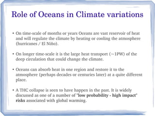 Role of Oceans in Climate variations

●
    On time­scale of months or years Oceans are vast reservoir of heat 
    and will regulate the climate by heating or cooling the atmosphere 
    (hurricanes / El Niño).

●
    On longer time­scale it is the large heat transport (~1PW) of the 
    deep circulation that could change the climate.

●
    Oceans can absorb heat in one region and restore it to the 
    atmosphere (perhaps decades or centuries later) at a quite different 
    place.

●
    A THC collapse is seen to have happen in the past. It is widely 
    discussed as one of a number of "low probability ­ high impact" 
    risks associated with global warming.
 