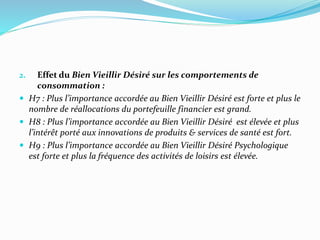 2. Effet du Bien Vieillir Désiré sur les comportements de
consommation :
 H7 : Plus l’importance accordée au Bien Vieillir Désiré est forte et plus le
nombre de réallocations du portefeuille financier est grand.
 H8 : Plus l’importance accordée au Bien Vieillir Désiré est élevée et plus
l’intérêt porté aux innovations de produits & services de santé est fort.
 H9 : Plus l’importance accordée au Bien Vieillir Désiré Psychologique
est forte et plus la fréquence des activités de loisirs est élevée.
 