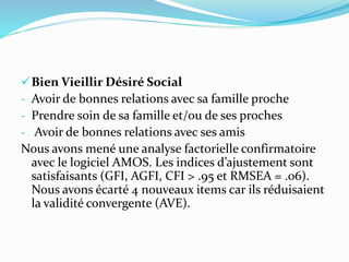 Bien Vieillir Désiré Social
- Avoir de bonnes relations avec sa famille proche
- Prendre soin de sa famille et/ou de ses proches
- Avoir de bonnes relations avec ses amis
Nous avons mené une analyse factorielle confirmatoire
avec le logiciel AMOS. Les indices d’ajustement sont
satisfaisants (GFI, AGFI, CFI > .95 et RMSEA = .06).
Nous avons écarté 4 nouveaux items car ils réduisaient
la validité convergente (AVE).
 