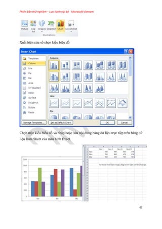 Phiên bản thử nghiệm – Lưu hành nội bộ - Microsoft Vietnam
61
Xuất hi n c a sổ chọn kiểu bi u đồ
Chọn một kiểu biểu đồ và nhập hoặc s a nội dung bảng dữ li u trực tiếp trên bảng dữ
li u Data Sheet của màn hình Excel.
 