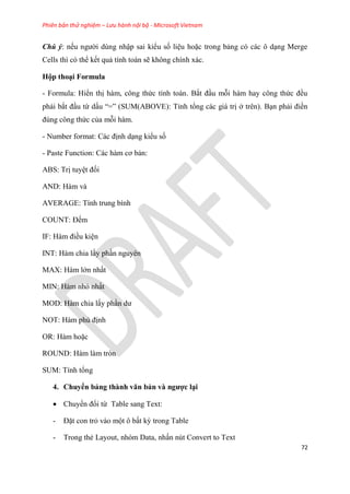 Phiên bản thử nghiệm – Lưu hành nội bộ - Microsoft Vietnam
72
Chú ý: nếu người d ng nhập sai kiểu số li u hoặc trong bảng c các ô d ng Merge
Cells thì c thể kết quả tính toán sẽ không chính xác.
Hộp tho i Formula
- Formula: Hiển thị hàm, công thức tính toán. Bắt đ u mỗi hàm hay công thức đều
phải bắt đ u từ dấu “=” (SUM(ABOVE): T nh tổng các giá trị ở tr n). B n phải điền
đ ng công thức của mỗi hàm.
- Number format: Các định d ng kiểu số
- Paste Function: Các hàm cơ bản:
ABS: Trị tuy t đối
AND: Hàm và
AVERAGE: Tính trung bình
COUNT: Đếm
IF: Hàm điều ki n
INT: Hàm chia lấy ph n nguy n
MAX: Hàm lớn nhất
MIN: Hàm nhỏ nhất
MOD: Hàm chia lấy ph n dư
NOT: Hàm phủ định
OR: Hàm hoặc
ROUND: Hàm làm tròn
SUM: Tính tổng
4. Chuyển bảng thành văn bản và ngược l i
 Chuyển đổi từ Table sang Text:
- Đặt con trỏ vào một ô bất kỳ trong Table
- Trong thẻ Layout, nhóm Data, nhấn nút Convert to Text
 