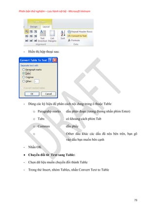Phiên bản thử nghiệm – Lưu hành nội bộ - Microsoft Vietnam
73
- Hiển thị hộp tho i sau:
- Dùng các ký hi u để phân cách nội dung trong ô thuộc Table
o Paragrahp marks dấu ph n đo n (tương đương nhấn phím Enter)
o Tabs có khoảng cách phím Tab
o Commas dấu ph y
o Other dấu khác các dấu đã n u b n tr n, b n gõ
vào dấu b n muốn bên c nh
- Nhấn OK
 Chuyển đổi từ Text sang Table:
- Chọn dữ li u muốn chuyển đổi thành Table
- Trong thẻ Insert, nhóm Tables, nhấn Convert Text to Table
 