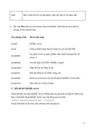9
share SQL scripts để sửa các đặc quyền, cũng như tập các file ngôn ngữ.
 Thư mục Bin chứa các file chương trình của MySQL. Dưới đây là mô tả một số
chương trình trong thư mục:
Tên chương trình Mô tả chức năng
mysqld MySQL server
mysql Công cụ khách giúp thực thi tương tác các câu lệnh SQL
mysqladmin
Trợ giúp các tác vụ quản trị khác nhau (hiện thị trạng thái, tắt
server,..).
mysqldump Lưu nội dung của CSDL MySQL ra ngoài
mysqlimport Nhập dữ liệu vào bảng từ file
mysqlshow Hiển thị thông tin về CSDL, bảng, cột
myisamchk Kiểm tra sự toàn vẹn của các file bảng MyISAM và sửa chữa
mysqlcheck Thực hiện tác vụ bảo trì bảng
3. Kết nối tới MySQL server
Trước hết đảm bảo rằng MySQL Server đã được bật sau quá trình cài đặt trên. Một cách
khác có thể khởi động MySQL Server trực tiếp thông qua câu lệnh.
shell> basedirmysqld.exe --console
Trong đó basedir là thư mục chứa chương trình mysqld.exe
 