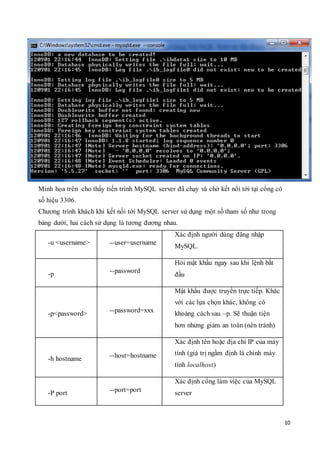 10
Minh họa trên cho thấy tiến trình MySQL server đã chạy và chờ kết nối tới tại cổng có
số hiệu 3306.
Chương trình khách khi kết nối tới MySQL server sử dụng một số tham số như trong
bảng dưới, hai cách sử dụng là tương đương nhau.
-u <username> --user=username
Xác định người dùng đăng nhập
MySQL.
-p --password
Hỏi mật khẩu ngay sau khi lệnh bắt
đầu
-p<password> --password=xxx
Mật khẩu được truyền trực tiếp. Khác
với các lựa chọn khác, không có
khoảng cách sau –p. Sẽ thuận tiện
hơn nhưng giảm an toàn (nên tránh)
-h hostname --host=hostname
Xác định tên hoặc địa chỉ IP của máy
tính (giá trị ngầm định là chính máy
tính localhost)
-P port --port=port
Xác định cổng làm việc của MySQL
server
 