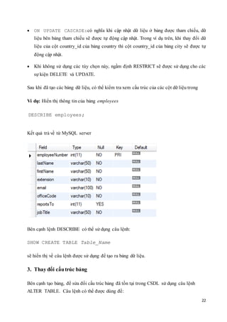 22
 ON UPDATE CASCADE:có nghĩa khi cập nhật dữ liệu ở bảng được tham chiếu, dữ
liệu bên bảng tham chiếu sẽ được tự động cập nhật. Trong ví dụ trên, khi thay đổi dữ
liệu của cột country_id của bảng country thì cột country_id của bảng city sẽ được tự
động cập nhật.
 Khi không sử dụng các tùy chọn này, ngầm định RESTRICT sẽ được sử dụng cho các
sự kiện DELETE và UPDATE.
Sau khi đã tạo các bảng dữ liệu, có thể kiểm tra xem cấu trúc của các cột dữ liệu trong
Ví dụ: Hiển thị thông tin của bảng employees
DESCRIBE employees;
Kết quả trả về từ MySQL server
Bên cạnh lệnh DESCRIBE có thể sử dụng câu lệnh:
SHOW CREATE TABLE Table_Name
sẽ hiển thị về câu lệnh được sử dụng để tạo ra bảng dữ liệu.
3. Thay đổi cấutrúc bảng
Bên cạnh tạo bảng, để sửa đổi cấu trúc bảng đã tồn tại trong CSDL sử dụng câu lệnh
ALTER TABLE. Câu lệnh có thể được dùng để:
 
