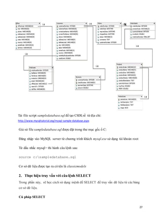 27
Tải file script sampledatabase.sql để tạo CSDLvề từ địa chỉ:
http://www.mysqltutorial.org/mysql-sample-database.aspx
Giả sử file sampledatabase.sql được đặt trong thư mục gốc ổ C:
Đăng nhập vào MySQL server từ chương trình khách mysql.exe sử dụng tài khoản root
Từ dấu nhắc mysql> thi hành câu lệnh sau:
source c:sampledatabase.sql
Cơ sở dữ liệu được tạo ra có tên là classicmodels
2. Thực hiện truy vấn với câu lệnh SELECT
Trong phần này, sẽ học cách sử dụng mệnh đề SELECT để truy vấn dữ liệu từ các bảng
cơ sở dữ liệu.
Cú pháp SELECT
 