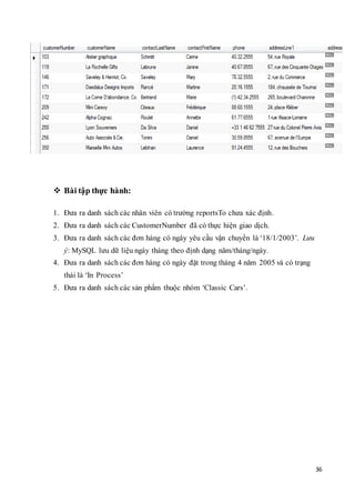 36
 Bài tập thực hành:
1. Đưa ra danh sách các nhân viên có trường reportsTo chưa xác định.
2. Đưa ra danh sách các CustomerNumber đã có thực hiện giao dịch.
3. Đưa ra danh sách các đơn hàng có ngày yêu cầu vận chuyển là ‘18/1/2003’. Lưu
ý: MySQL lưu dữ liệu ngày tháng theo định dạng năm/tháng/ngày.
4. Đưa ra danh sách các đơn hàng có ngày đặt trong tháng 4 năm 2005 và có trạng
thái là ‘In Process’
5. Đưa ra danh sách các sản phẩm thuộc nhóm ‘Classic Cars’.
 