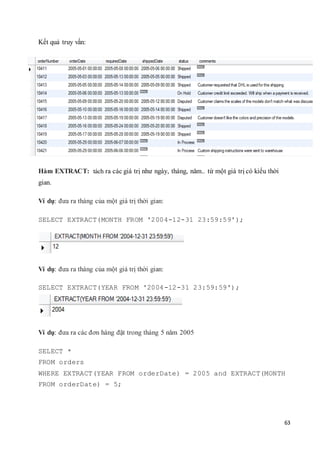 63
Kết quả truy vấn:
Hàm EXTRACT: tách ra các giá trị như ngày, tháng, năm.. từ một giá trị có kiểu thời
gian.
Ví dụ: đưa ra tháng của một giá trị thời gian:
SELECT EXTRACT(MONTH FROM '2004-12-31 23:59:59');
Ví dụ: đưa ra tháng của một giá trị thời gian:
SELECT EXTRACT(YEAR FROM '2004-12-31 23:59:59');
Ví dụ: đưa ra các đơn hàng đặt trong tháng 5 năm 2005
SELECT *
FROM orders
WHERE EXTRACT(YEAR FROM orderDate) = 2005 and EXTRACT(MONTH
FROM orderDate) = 5;
 