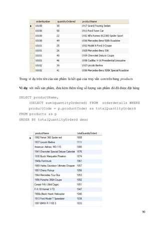 90
Trong ví dụ trên tên của sản phẩm là kết quả của truy vấn con trên bảng products
Ví dụ: với mỗi sản phẩm, đưa kèm thêm tổng số lượng sản phẩm đó đã được đặt hàng
SELECT productName,
(SELECT sum(quantityOrdered) FROM orderdetails WHERE
productCode = p.productCode) as totalQuantityOrderd
FROM products as p
ORDER BY totalQuantityOrderd desc
 