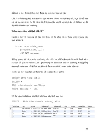 95
Kết quả là một dòng dữ liệu mới được ghi vào cuối bảng dữ liệu
Chú ý: Nếu không xác định tên các cột, khi trật tự của các cột thay đổi, SQL có thể đưa
giá trị vào sai vị trí. Do đó cách tốt để tránh điều này là xác định tên cột đi kèm với dữ
liệu khi thêm dữ liệu vào bảng.
Thêm nhiều dòng với lệnh SELECT
Ngoài ra thay vì cung cấp dữ liệu trực tiếp, có thể chọn từ các bảng khác sử dụng câu
lệnh SELECT.
INSERT INTO table_name
[(column_name,...)]
<SELECT statement>;
Không giống với cách trước, cách này cho phép tạo nhiều dòng dữ liệu với. Danh sách
các cột kết quả của lệnh SELECT phải trùng với danh sách các cột của bảng. Cũng giống
như cách trước, các cột không xác định sẽ được gán giá trị ngầm ngậm của cột.
Ví dụ: tạo một bảng tạm và thêm vào tất cả các offices tại US
INSERT INTO temp_table
SELECT *
FROM classicmodels.offices
WHERE country = 'USA'
Có thể kiểm tra kết quả của lệnh trên bằng câu lệnh truy vấn:
SELECT * FROM classicmodels.temp_table
 