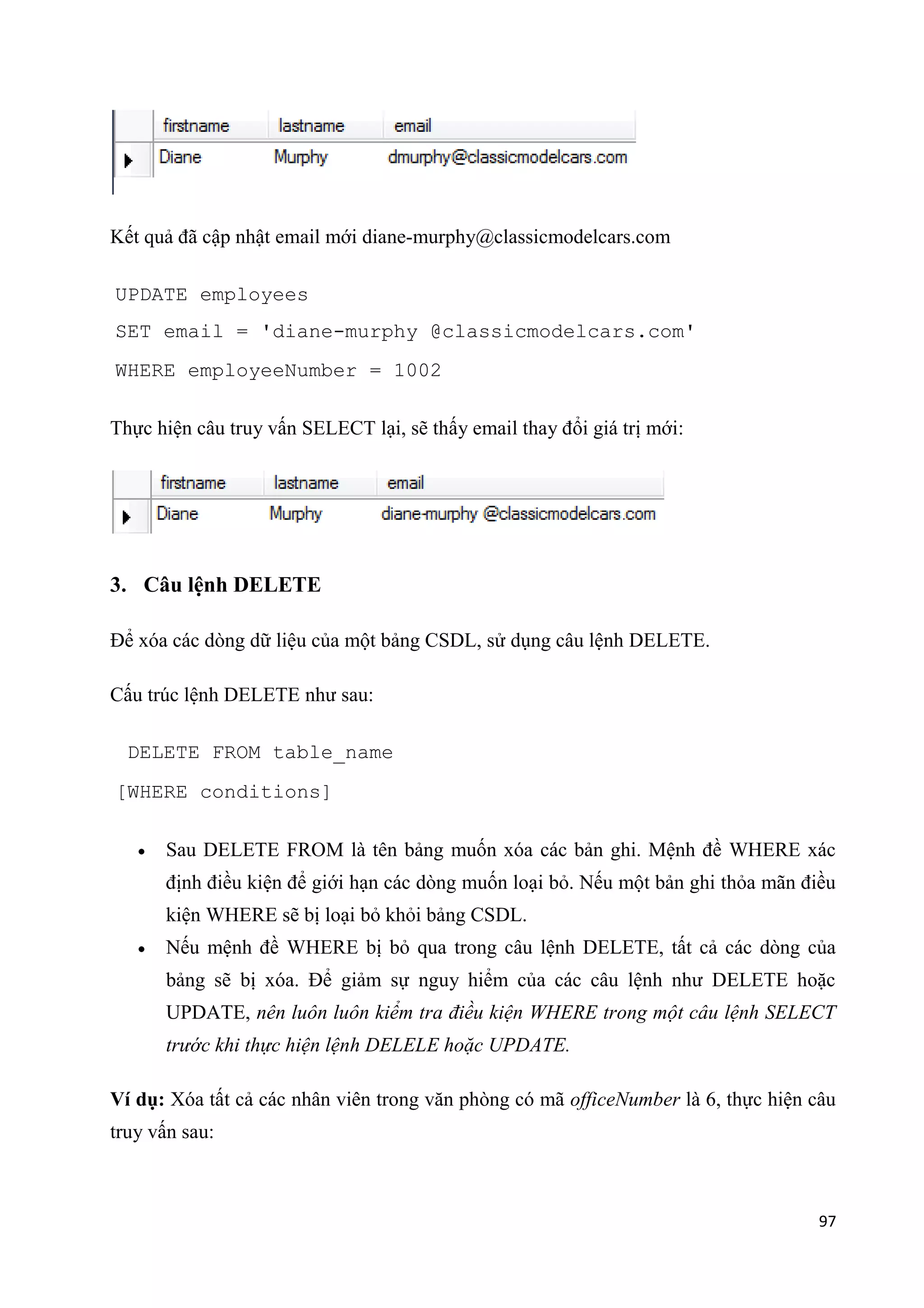 Kết quả đã cập nhật email mới diane-murphy@classicmodelcars.com
UPDATE employees
SET email = 'diane-murphy @classicmodelcars.com'
WHERE employeeNumber = 1002
Thực hiện câu truy vấn SELECT lại, sẽ thấy email thay đổi giá trị mới:

3. Câu lệnh DELETE
Để xóa các dòng dữ liệu của một bảng CSDL, sử dụng câu lệnh DELETE.
Cấu trúc lệnh DELETE như sau:
DELETE FROM table_name
[WHERE conditions]
Sau DELETE FROM là tên bảng muốn xóa các bản ghi. Mệnh đề WHERE xác
định điều kiện để giới hạn các dòng muốn loại bỏ. Nếu một bản ghi thỏa mãn điều
kiện WHERE sẽ bị loại bỏ khỏi bảng CSDL.
Nếu mệnh đề WHERE bị bỏ qua trong câu lệnh DELETE, tất cả các dòng của
bảng sẽ bị xóa. Để giảm sự nguy hiểm của các câu lệnh như DELETE hoặc
UPDATE, nên luôn luôn kiểm tra điều kiện WHERE trong một câu lệnh SELECT
trước khi thực hiện lệnh DELELE hoặc UPDATE.
Ví dụ: Xóa tất cả các nhân viên trong văn phòng có mã officeNumber là 6, thực hiện câu
truy vấn sau:

97

 